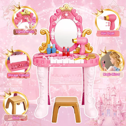 Girls Makeup Dressing Table with Stool, Light & Music