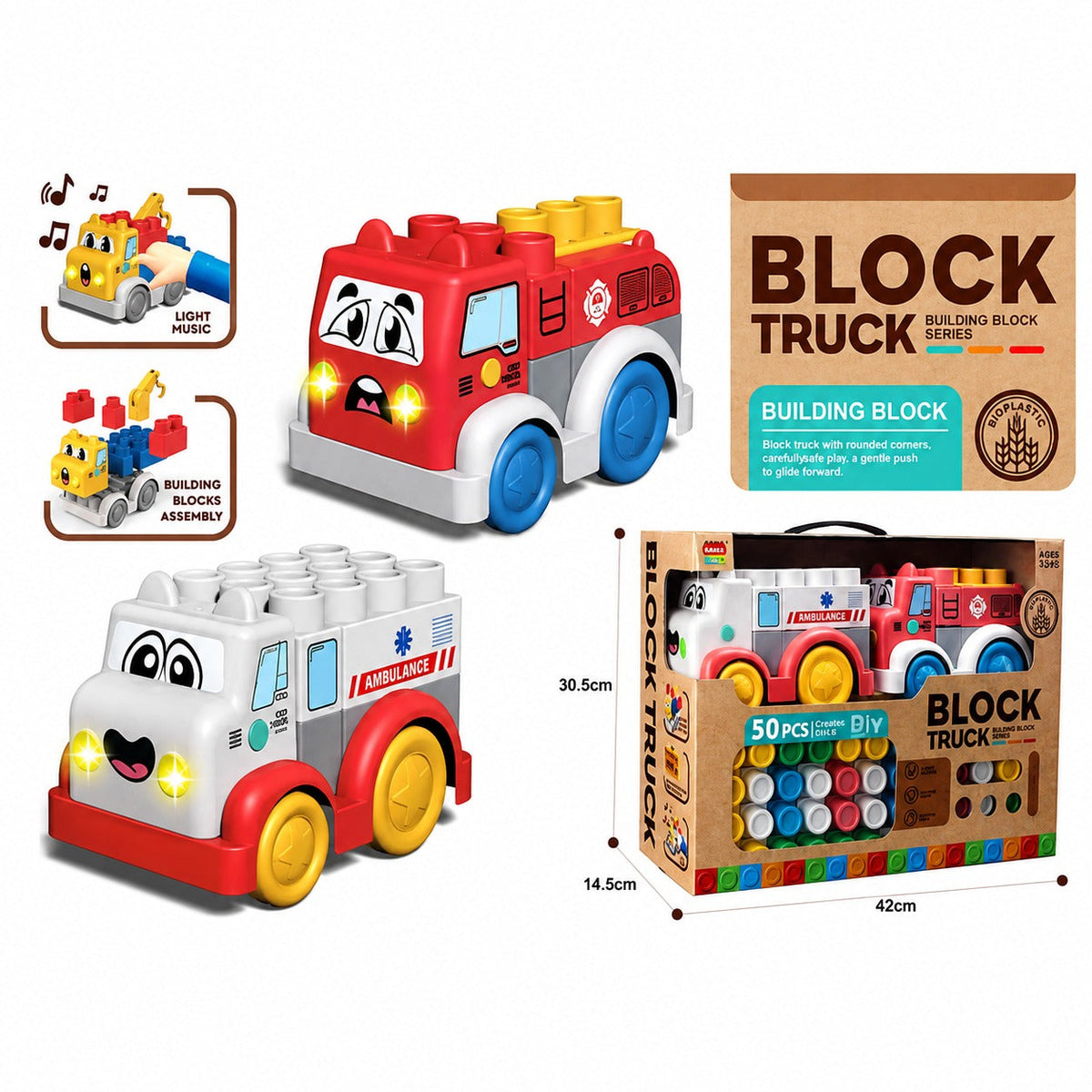 50-Piece DIY Building Block Truck Set – Ambulance & Fire Truck