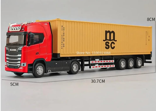 1:32 Scania Alloy Container Truck Model with Lights, Sound & Pull-Back Action