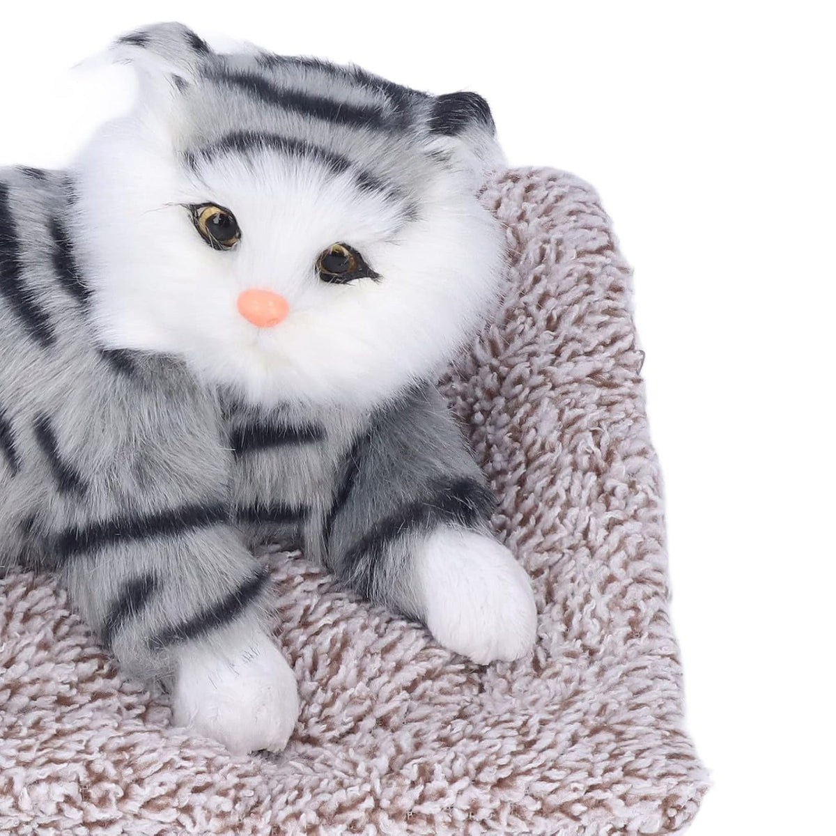 Soft Grey Striped Plush Cat Toy with Cozy Cushioned Bed