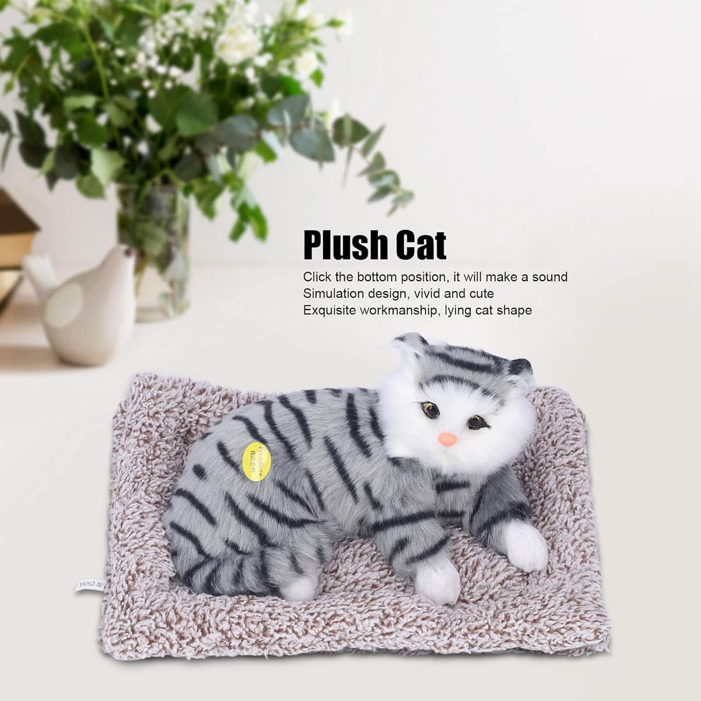 Soft Grey Striped Plush Cat Toy with Cozy Cushioned Bed